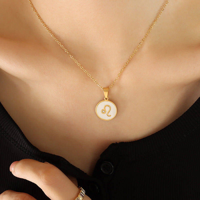 Wholesale Inlaid White Seashell Zodiac Pendant Plated 18K Real Gold Necklaces